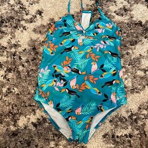 Blue One Piece with Leaves And Toucans Girls XL